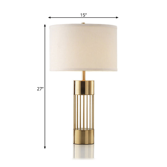 Traditional Brass Drum Fabric Desk Lamp: 1-Light Bedroom Reading Light With Cylinder Base