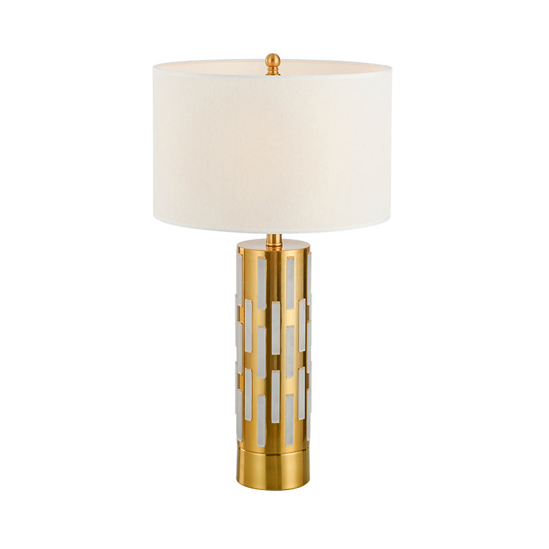 Traditional Fabric 1-Light Gold Drum Table Lamp With Cylinder Base For Bedroom Nightstand