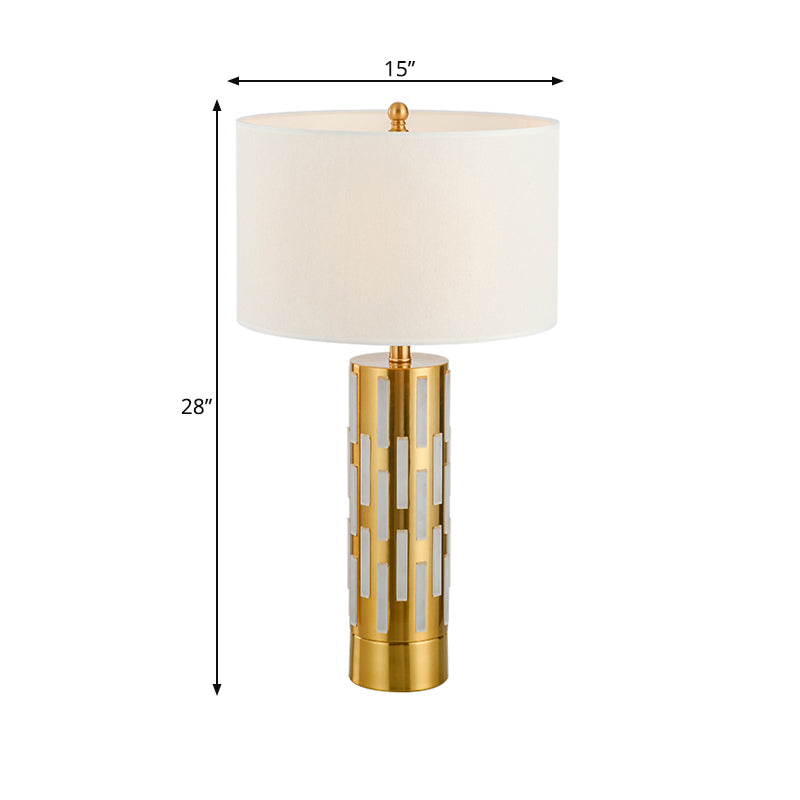 Traditional Fabric 1-Light Gold Drum Table Lamp With Cylinder Base For Bedroom Nightstand