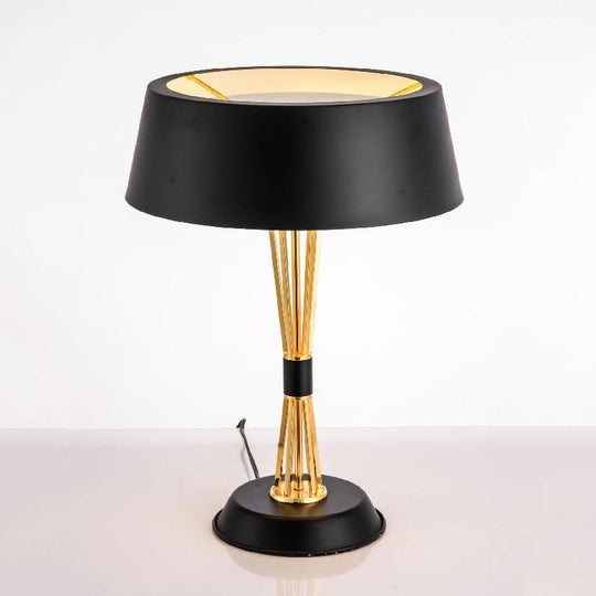 Classic Drum Reading Light Fabric Desk Lamp - Black Metal Base Bedroom Illumination Solution