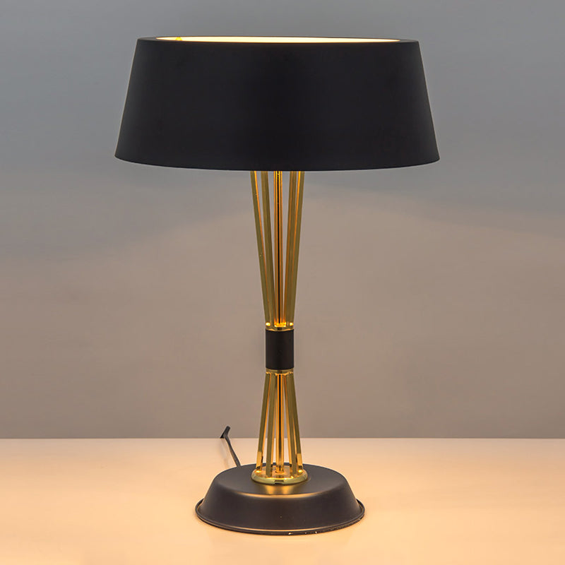 Classic Drum Reading Light Fabric Desk Lamp - Black Metal Base Bedroom Illumination Solution