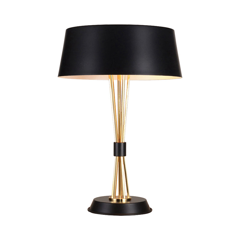 Classic Drum Reading Light Fabric Desk Lamp - Black Metal Base Bedroom Illumination Solution