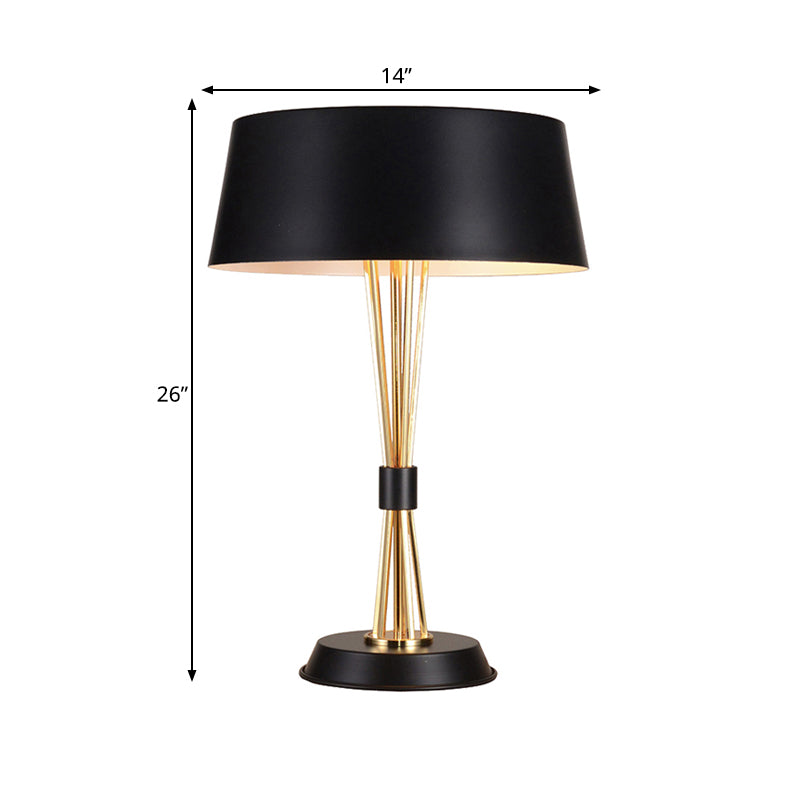 Classic Drum Reading Light Fabric Desk Lamp - Black Metal Base Bedroom Illumination Solution