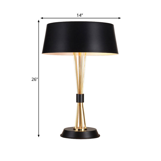 Classic Drum Reading Light Fabric Desk Lamp - Black Metal Base Bedroom Illumination Solution