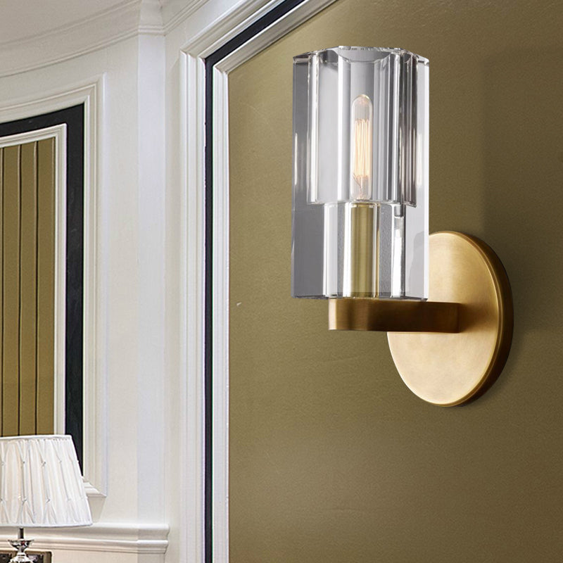 Modern Clear Crystal Cylinder Wall Lamp With Brass Backplate - 1 Light Fixture