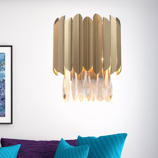 Contemporary Clear Crystal Wall Lamp - 1 Light Brass Finish Ideal For Living Room Lighting