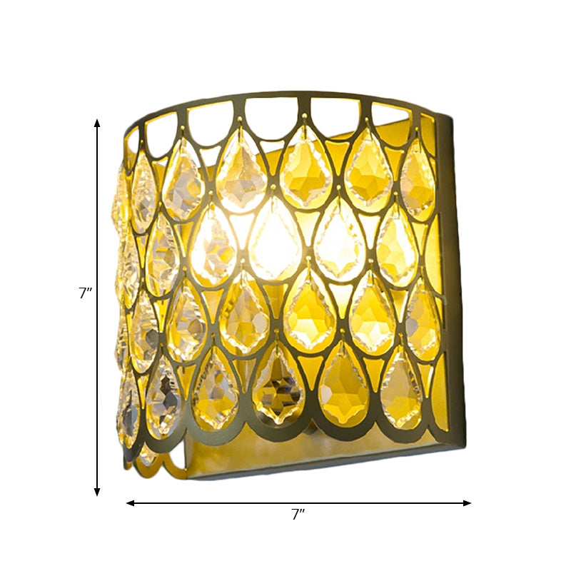 Minimalist Silver/Brass Half-Cylinder Wall Light Sconce - Clear Crystal Teardrop 1 Metal Lamp