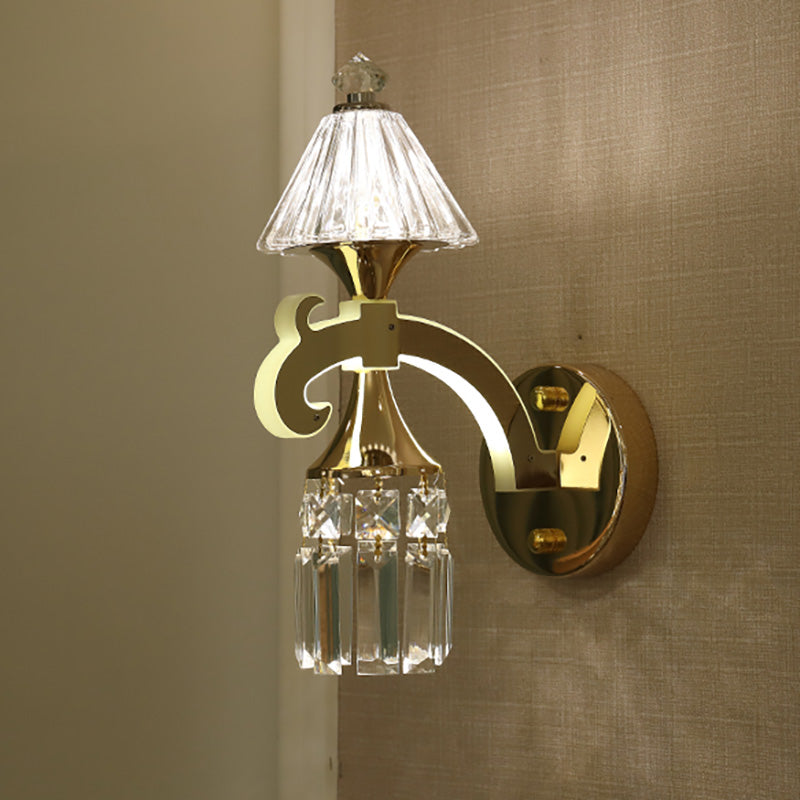 Contemporary Gold Finish Conic Wall Sconce With Crystal Draping - Metal Mount Light