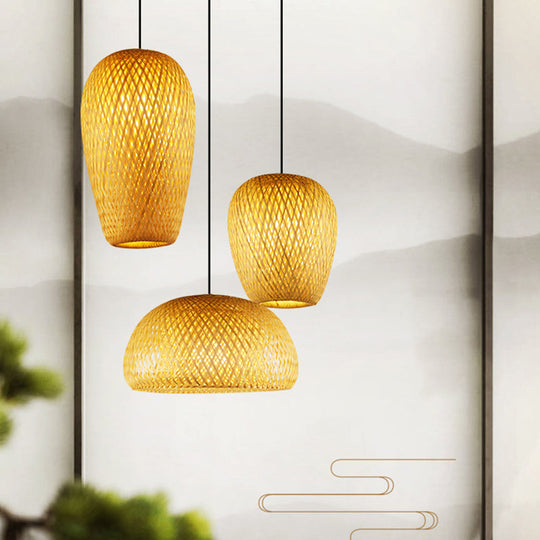 Handcrafted Bamboo Ceiling Light - Asian Style Hanging Lamp For Restaurants 1 Bulb Wood Fixture