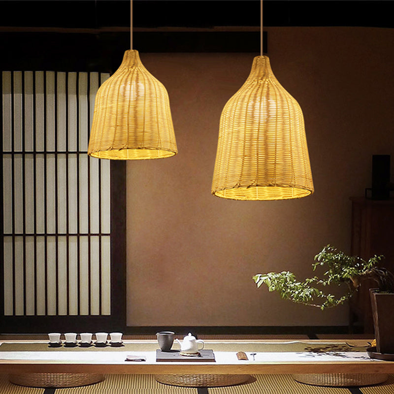 Handcrafted Bamboo Ceiling Light - Asian Style Wood Hanging Lamp for Restaurants - 1 Bulb