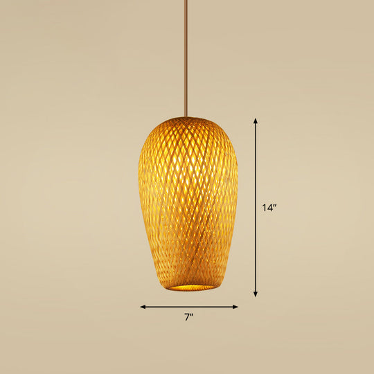 Handcrafted Bamboo Ceiling Light - Asian Style Wood Hanging Lamp for Restaurants - 1 Bulb