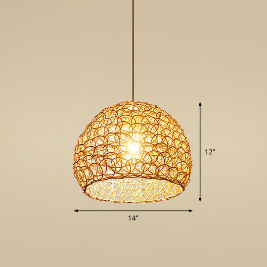 Handcrafted Bamboo Ceiling Light - Asian Style Hanging Lamp For Restaurants 1 Bulb Wood Fixture / H