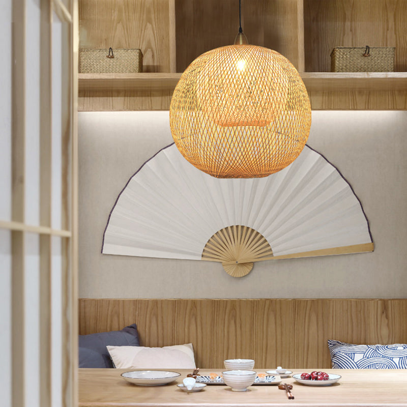 Sleek Bamboo Sphere Suspension Light - Minimalist 1Head Pendant Ceiling Lighting For Tea Room Wood /