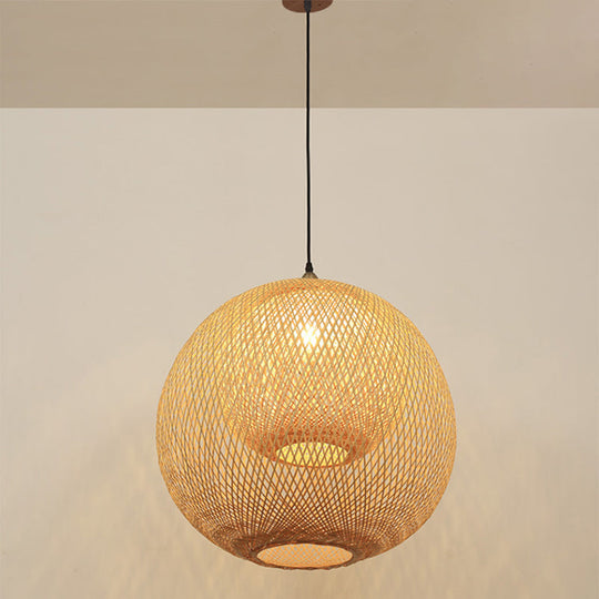 Sleek Bamboo Sphere Suspension Light - Minimalist 1Head Pendant Ceiling Lighting For Tea Room