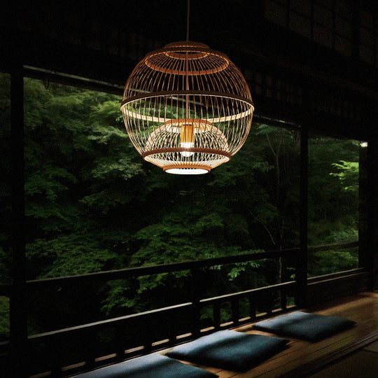 Minimalist Bamboo Pendant Ceiling Light With Sphere Shade - 1-Head Wood Suspension Lighting