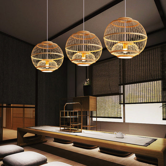 Minimalist Bamboo Pendant Ceiling Light With Sphere Shade - 1-Head Wood Suspension Lighting