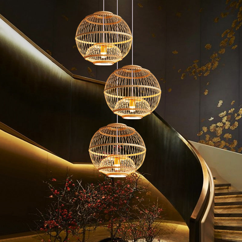 Minimalist Bamboo Pendant Ceiling Light With Sphere Shade - 1-Head Wood Suspension Lighting