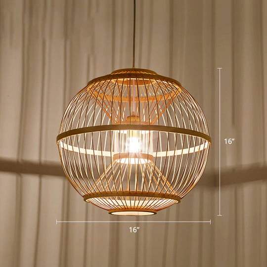 Minimalist Bamboo Pendant Ceiling Light With Sphere Shade - 1-Head Wood Suspension Lighting