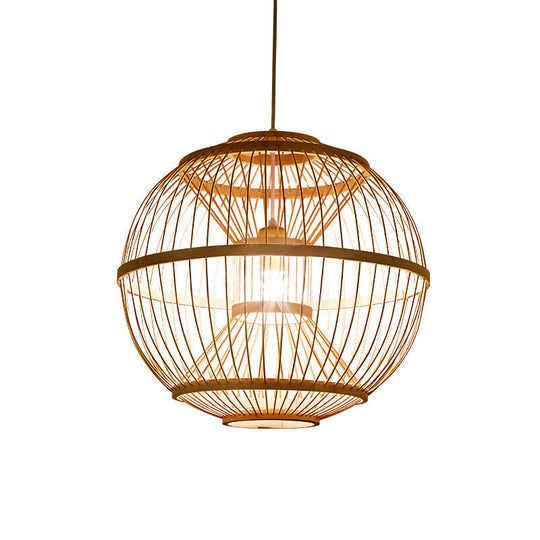 Minimalist Bamboo Pendant Ceiling Light With Sphere Shade - 1-Head Wood Suspension Lighting