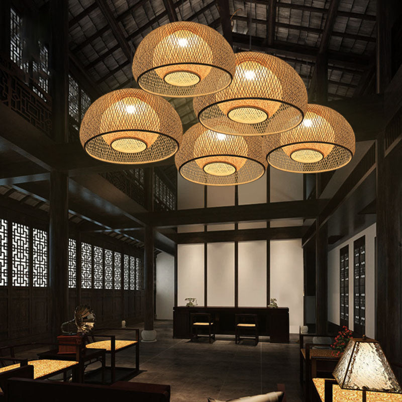 Tea Room Bamboo Pendant Light: Asian Style Dome Ceiling Lamp In Wood