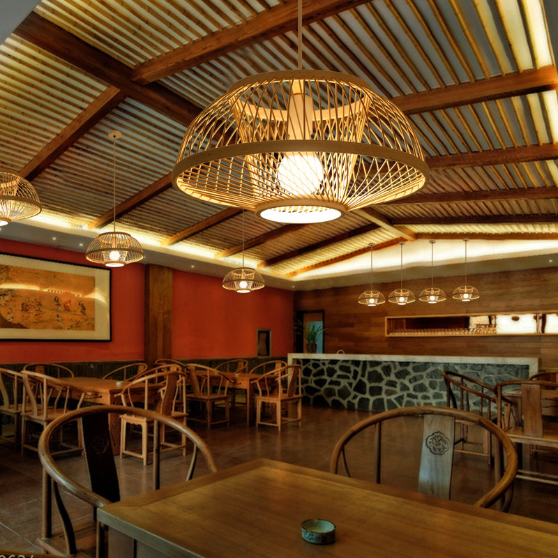 Minimalist Bamboo Woven Hanging Lamp for Restaurants - 1 Bulb Wood Suspension Lighting