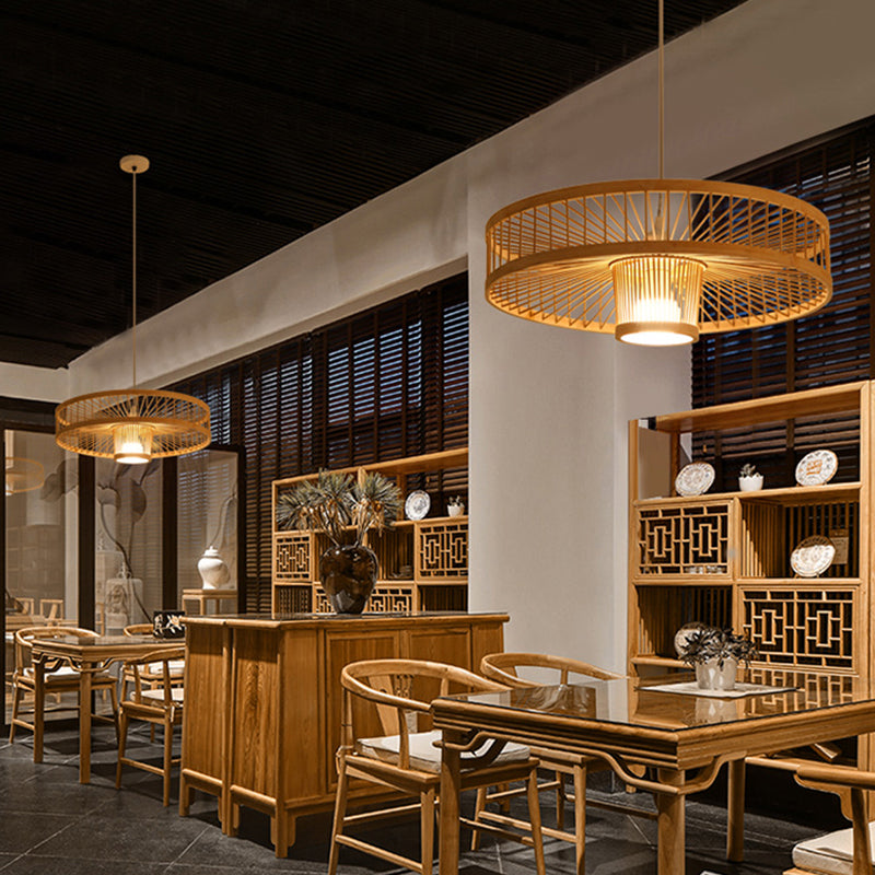 Minimalist Bamboo Woven Hanging Lamp for Restaurants - 1 Bulb Wood Suspension Lighting