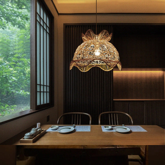 Margot - Asian Wood Scalloped Ceiling Light Asian Style 1Â Head Rattan Hanging Lamp for Restaurant