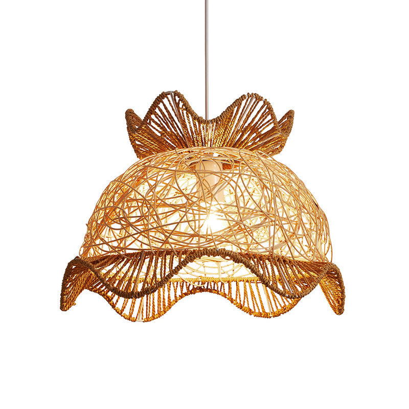 Asian Style Rattan Hanging Lamp With Wood Scalloped Ceiling Light For Restaurants