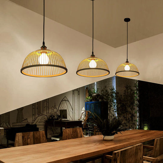 Asian Style Bamboo Ceiling Light: Hemispherical 1 Bulb Wood Hanging Lamp For Restaurants