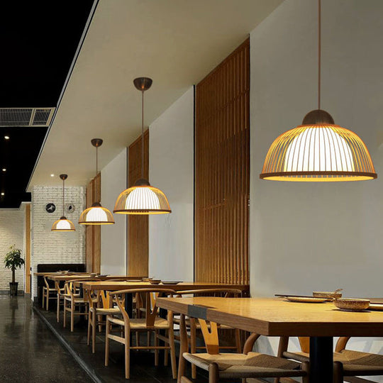 Asian Style Bamboo Ceiling Light: Hemispherical 1 Bulb Wood Hanging Lamp For Restaurants