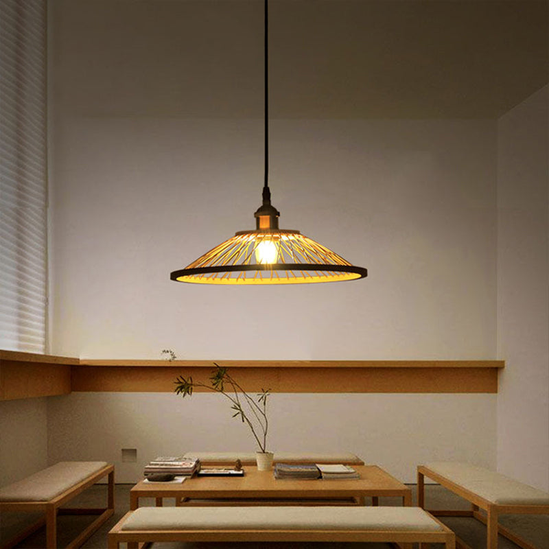 Asian Style Bamboo Ceiling Light: Hemispherical 1 Bulb Wood Hanging Lamp For Restaurants