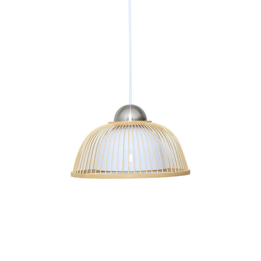 Asian Style Bamboo Ceiling Light: Hemispherical 1 Bulb Wood Hanging Lamp For Restaurants