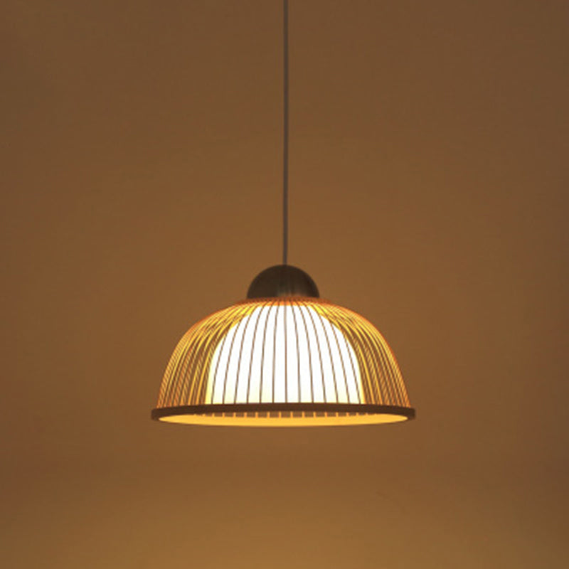 Asian Style Bamboo Ceiling Light: Hemispherical 1 Bulb Wood Hanging Lamp For Restaurants