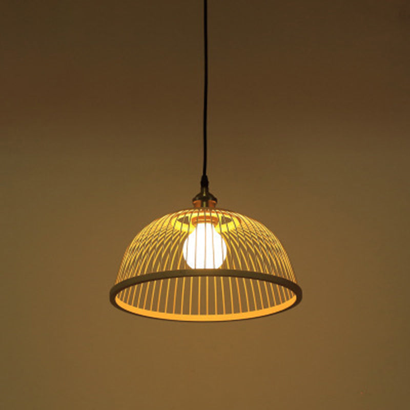 Asian Style Bamboo Ceiling Light: Hemispherical 1 Bulb Wood Hanging Lamp For Restaurants