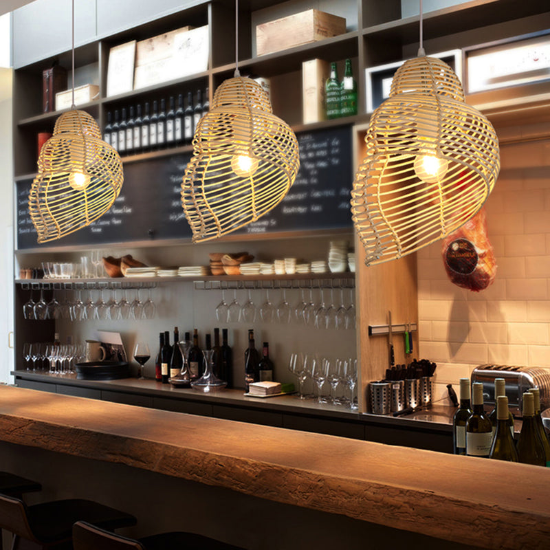 Contemporary Wood Pendant Light: Handcrafted In South-East Asia Single-Bulb Rattan Suspension