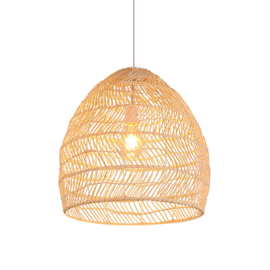 Contemporary Wood Pendant Light: Handcrafted In South-East Asia Single-Bulb Rattan Suspension