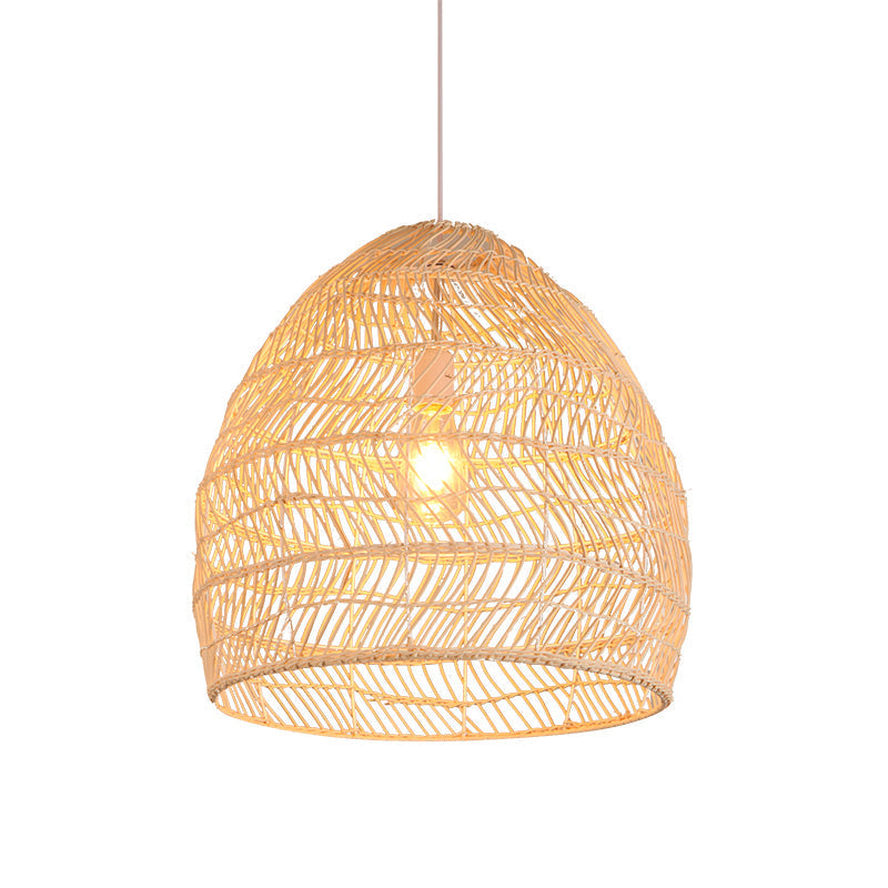 Contemporary Wood Pendant Light: Handcrafted In South-East Asia Single-Bulb Rattan Suspension / C