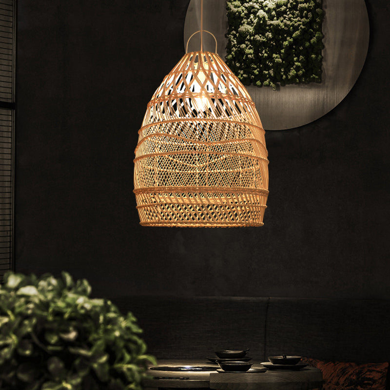 Wooden Asian Rattan Pendant Ceiling Light With Suspended Elongated Design - Ideal For Restaurants