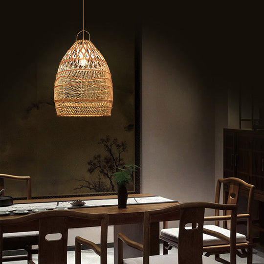 Wooden Asian Rattan Pendant Ceiling Light With Suspended Elongated Design - Ideal For Restaurants