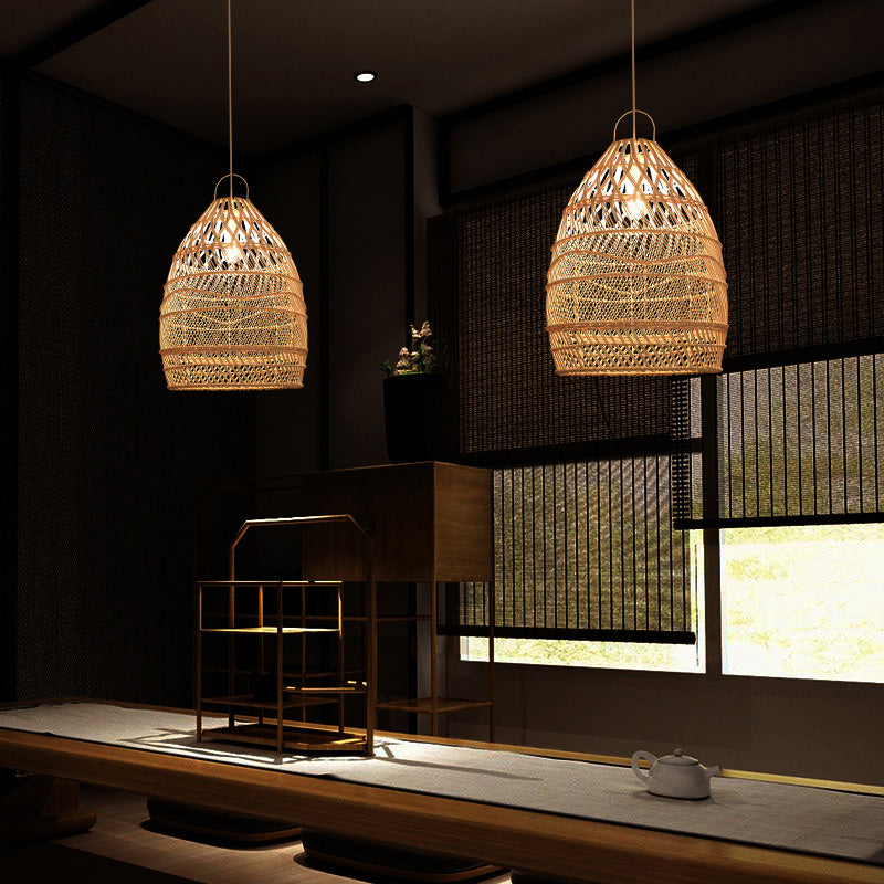 Wooden Asian Rattan Pendant Ceiling Light With Suspended Elongated Design - Ideal For Restaurants