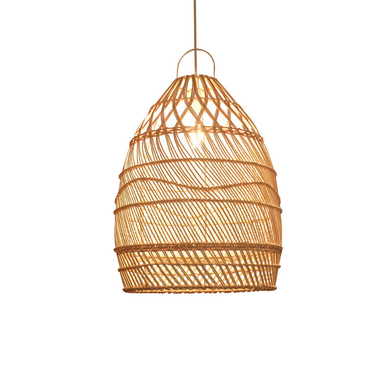 Wooden Asian Rattan Pendant Ceiling Light With Suspended Elongated Design - Ideal For Restaurants