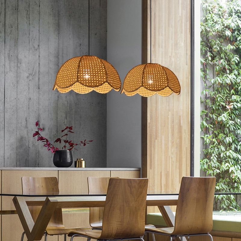 Rattan Scalloped Dome Suspension Light - 1-Light Wood Pendant Fixture