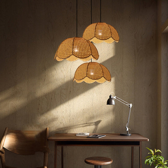 Rattan Scalloped Dome Suspension Light - 1-Light Wood Pendant Fixture