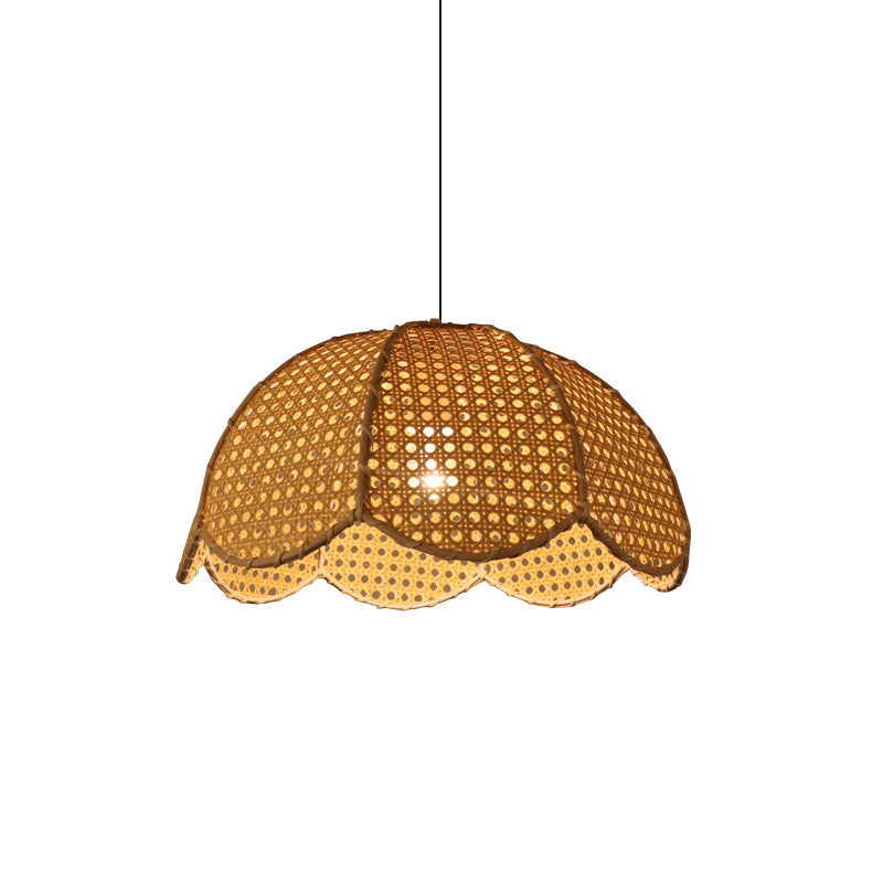 Rattan Scalloped Dome Suspension Light - 1-Light Wood Pendant Fixture