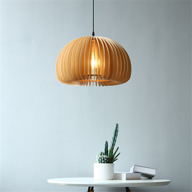 1�� Asian Style Wooden Dome Ceiling Light Fixture for Restaurants with Hanging Bulb