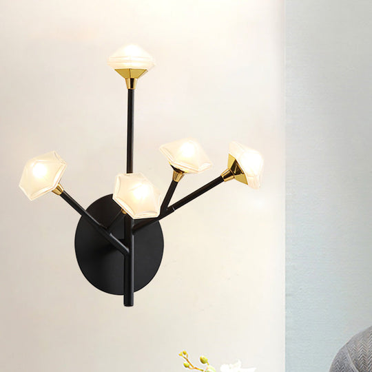 Modern Geometric Wall Sconce With 5 Black/Gold Lights And Branching Acrylic Shade Design