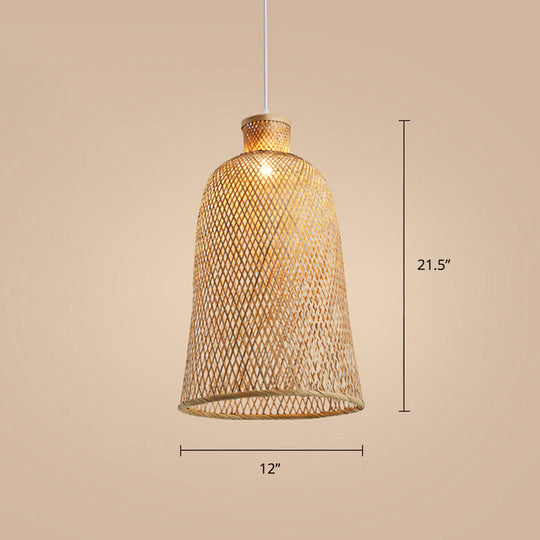 Chinese Style Handmade Bamboo Ceiling Light - Single Pendant For Restaurant Wood Finish