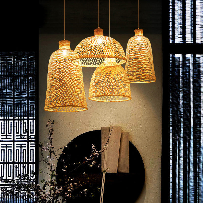 Chinese Style Handmade Bamboo Ceiling Light - Single Pendant For Restaurant Wood Finish