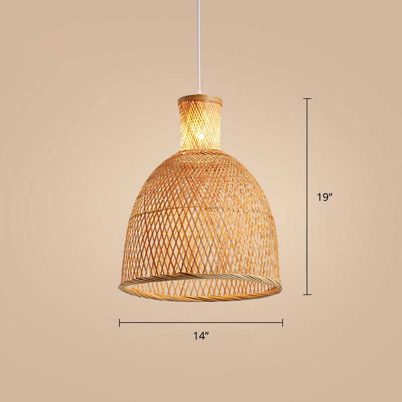 Chinese Style Handmade Bamboo Ceiling Light - Single Pendant For Restaurant Wood Finish