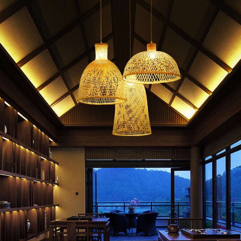 Chinese Style Handmade Bamboo Ceiling Light - Single Pendant For Restaurant Wood Finish